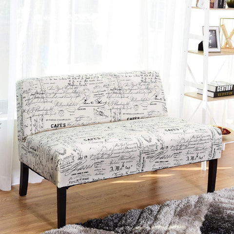 Fast Furnishings Modern Loveseat Sofa with Off-White Cursive Pattern Upholstery and Black Wood Legs
