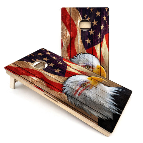 Skip's Garage Wooden Eagle American Flag Cornhole Boards - Includes (2) Boards (NO Bags) + (2) Board Hole Lights