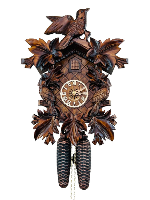 River City Clocks Eight Day Cuckoo Clock with Three Hand Carved Birds and Seven Leaves