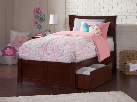 Metro Twin Platform Bed with Flat Panel Footboard and Turbo Charger with Urban Bed Drawers in Walnut