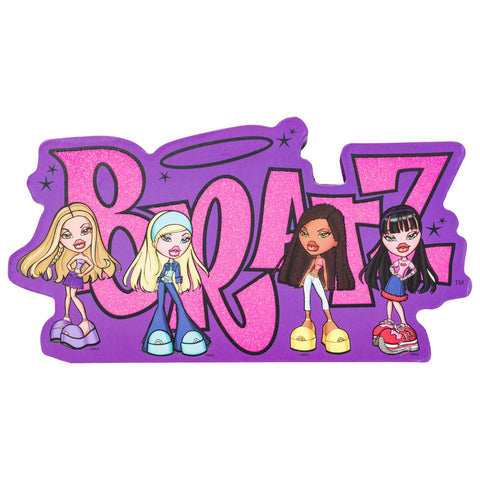 Silver Buffalo Bratz Glitter Large Die-Cut MDF Box Wall Sign Featuring Cloe, Jade, Yasmin, and Sasha, 8.46” x 1.18” x 4.45”