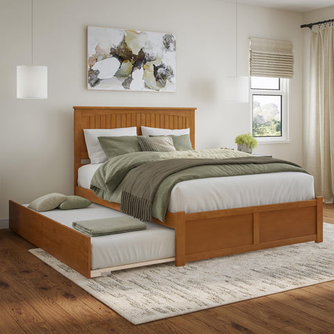 AFI Nantucket Queen Solid Wood Platform Bed with Footboard & Twin XL Trundle in Light Toffee