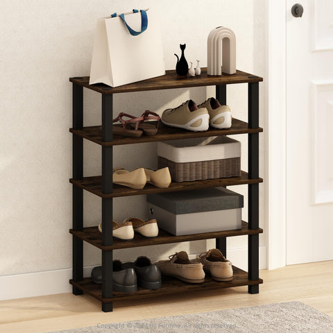Furinno Turn-S-Tube Set of 2 Shoe Rack, 3-Tier Shoe Organizer, Stackable Shoe Storage with Multipurpose, 11.6 x 23.6 x 22.2, for Closet Entryway, Office, Garage, Amber Pine/Black