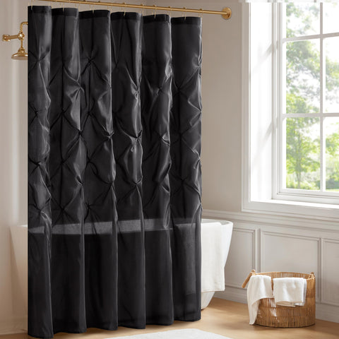 Madison Park Laurel Semi-Sheer Black Shower Curtain – Lightweight Faux Silk Fabric, 72x72 in, Light Filtering, Modern Style Bathroom Curtain Textured Tufting Detail Modern Mid-Century Bathroom Decor