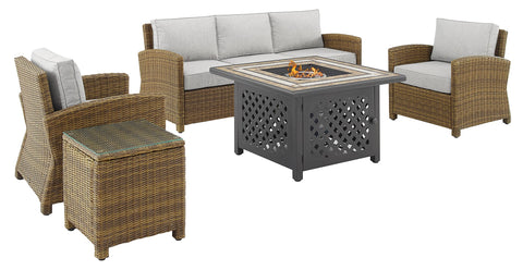 Bradenton 5Pc Wicker Outdoor Sofa Set W/ Fire Table Gray/Weathered Brown - Sofa, Side Table, Tucson Fire Table, & 2 Armchairs