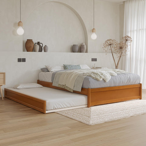 AFI, Barcelona Full Panel Platform Bed with Twin Trundle, Light Toffee