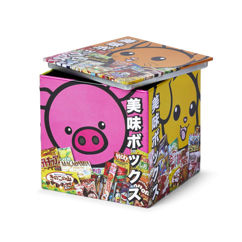 Dagashi Japanese Anime Otaku Snacks Tin Storage Box - 4x4-Inch Metal Novelty Stash Container With Pop Top Lid - Decorative Organizer Holder Cube Canister