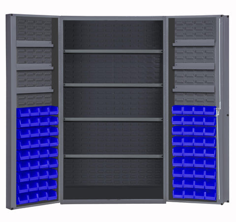 Heavy Duty Cabinet 14 Gauge 48 x 24 x 72 4 Adjustable Shelves 72 Blue Bins 4 Inch Deep Box Doors with Louvered Panel 6 Door Shelves Lockable Chrome Handle with Keys Gray