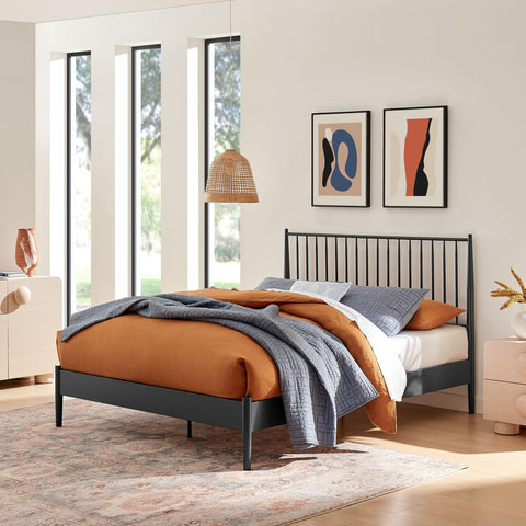 Modway Adair King Metal Platform Bed Frame with Spindle Headboard – Classic Modern Farmhouse Mattress Foundation with Wood Slat Support, No Box Spring Needed