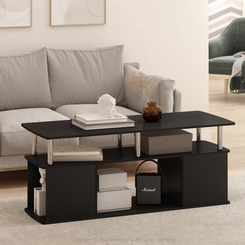 Furinno Jaya Coffee Table, Rectangle Modern Coffee Table with Open Shelf, Side Table with Side Storage, for Living Room, Bedroom, Home Office, Americano/Stainless Steel