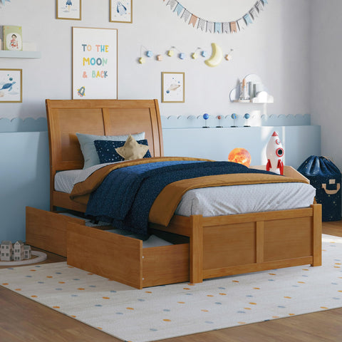 AFI Portland Twin Solid Wood Platform Bed with Footboard & Storage Drawers in Light Toffee