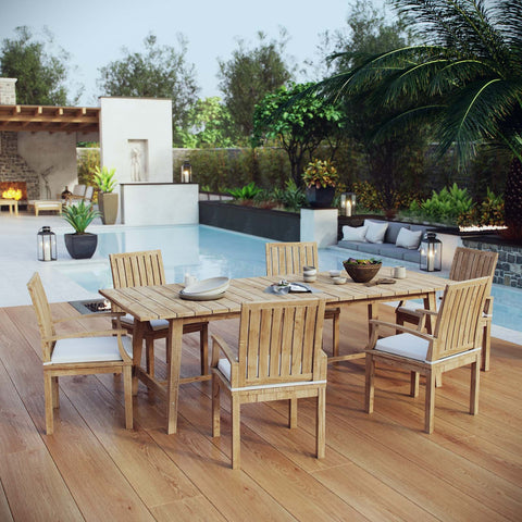 Modway EEI-3308-NAT-WHI-SET Marina 7 Piece Patio Teak Outdoor Dining Set in Natural White, Six Armchair/One Table,