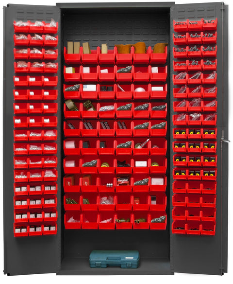 Durham 2603-156B-1795 Lockable Bin Cabinet with 156 Red Hook-On Bins, Flush Door Style, 36" Wide, 16 Gauge, Gray