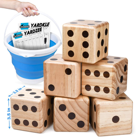 Giant Wooden Yard Dice – Splinter-Free and Crack-Proof Wood – Jumbo Size with Collapsible Bucket - 2 Dry Erase Score Cards - Indoor/Outdoor - Play Many Games – Fun and Engaging Game Time – Ideal Gift
