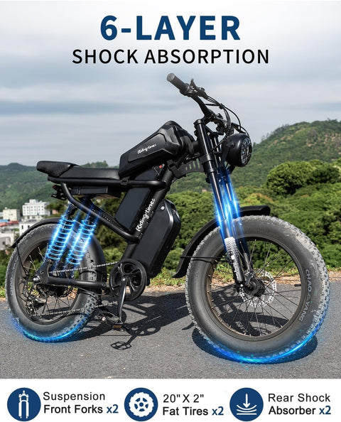 Riding'times Z8PRO Moped Style Ebike for Adults 1500W, 31.2AH Dual Battery Electric Dirt Bike with Long Seat & 20" Fat Tire, Max 31MPH & 40-150 Miles, Full Suspension E Bike All Terrain