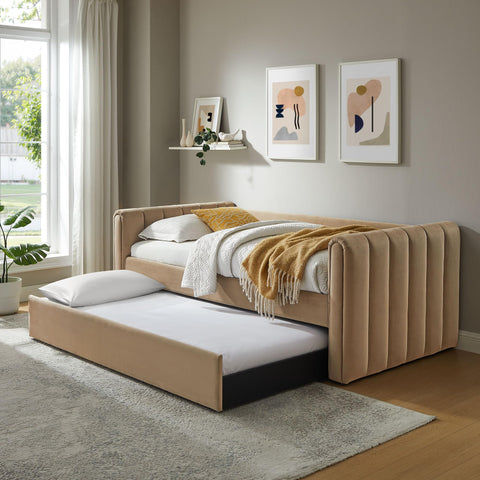 Veyla Twin Size Performance Velvet Daybed in Taupe with Trundle – Channel Tufted Upholstered Sofa Bed with Wood Slat Support
