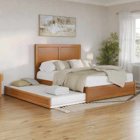 AFI, Clayton Queen Platform Bed with Panel Footboard & Twin XL Trundle, Light Toffee