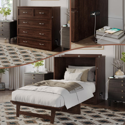 AFI, Northfield Murphy Bed Chest Twin XL with 6" Mattress, Storage Drawer & Built-in USB Charger, Burnt Amber