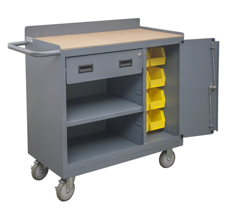 Mobile Bench Cabinet With 5 Inch X 1-1/4 Inch Polyurethane Casters (2) Rigid (2) Swivel 1 Fixed Shelf 1 Adjustable In Compartment 1 Door 8 Yellow Hook-On-Bins 1 Drawer Lockable Push Handle Gray