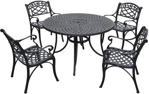 Sedona 46" 5Pc Cast Aluminum Round Outdoor Dining Set Black - 46" Table & 4 Armchairs