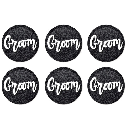 Beistle 6 Piece Prismatic Pinback Groom Buttons for Bachelor Party Favors Wedding Shower Decorations Supplies, 2", Black/White