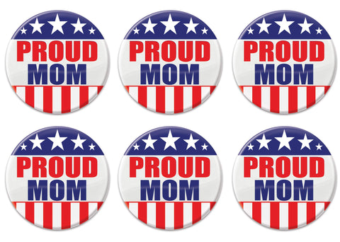 Beistle Patriotic Proud Mom Metal Party Buttons 6 Piece USA Fourth of July Decorations Costume Accessories, 2", Red/White/Blue