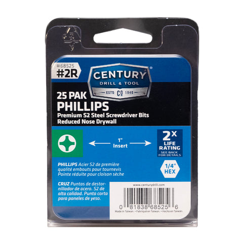 Century Drill & Tool 68525 Premium S2 Steel #2R X 1" Phillips Drywall Insert Screwdriving Bit Set, 25 Pack