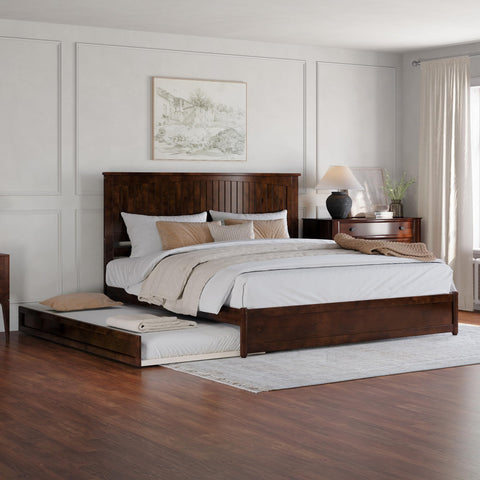 AFI, Malta King Platform Bed with Panel Footboard and Twin XL Trundle, Walnut