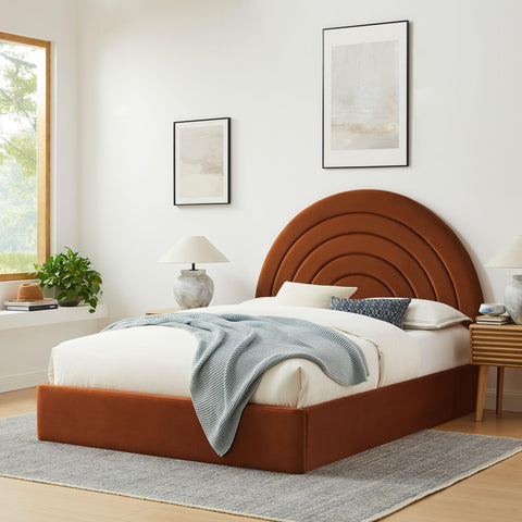 Modway Solana King Size Performance Velvet Platform Bed in Rust – Upholstered Bed Frame with Soft Arch Shaped Padded Headboard – Plinth Base Platform Bed Frame