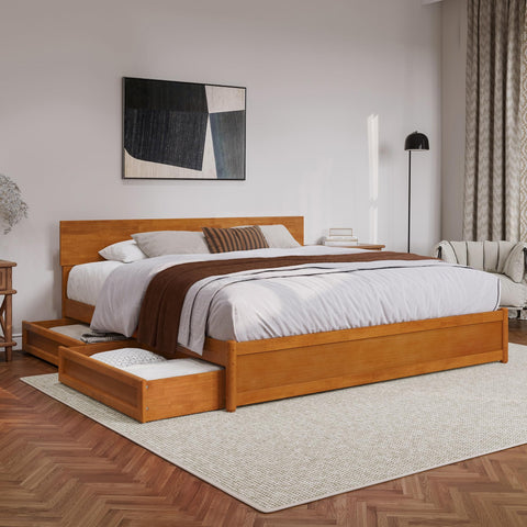 AFI, Wesley King Platform Bed with Panel Footboard & Storage Drawers, Light Toffee