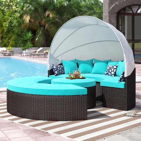 Modway Convene Wicker Rattan Outdoor Patio Retractable Canopy Round Poolside Sectional Sofa Daybed with Cushions in Espresso Turquoise