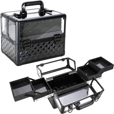 Ver Beauty Armored Acrylic Makeup Case Jewelry Portable Travel Art Craft Tattoo Organizer with 4 Extendable Trays Clear Cover Micro-Fiber Cloth Brush Holders Keylocks, Black Diamond