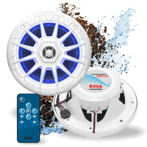 BOSS Audio Systems MRGB55W 5.25 Inch Marine Speakers - Weatherproof, 150 Watts Per Pair, 75 Watts Each, Multi-Color Illumination, Full Range, 2 Way, Sold in Pairs