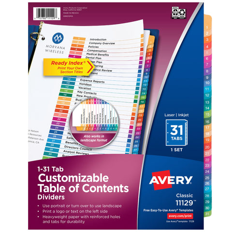 Avery 1-31 Dividers for 3 Ring Binders, 31 Tabs per Set, Customizable Table of Contents, Multicolor Tabs, Great for Organizing Reports, Projects, and More (11129)