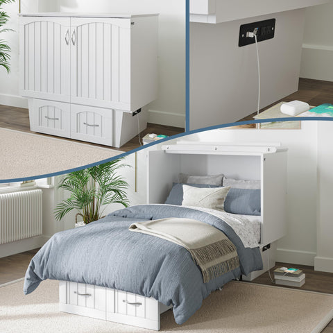 AFI, Nantucket Twin Murphy Bed Chest with Mattress, Storage Drawer and Built-In USB Charger, White