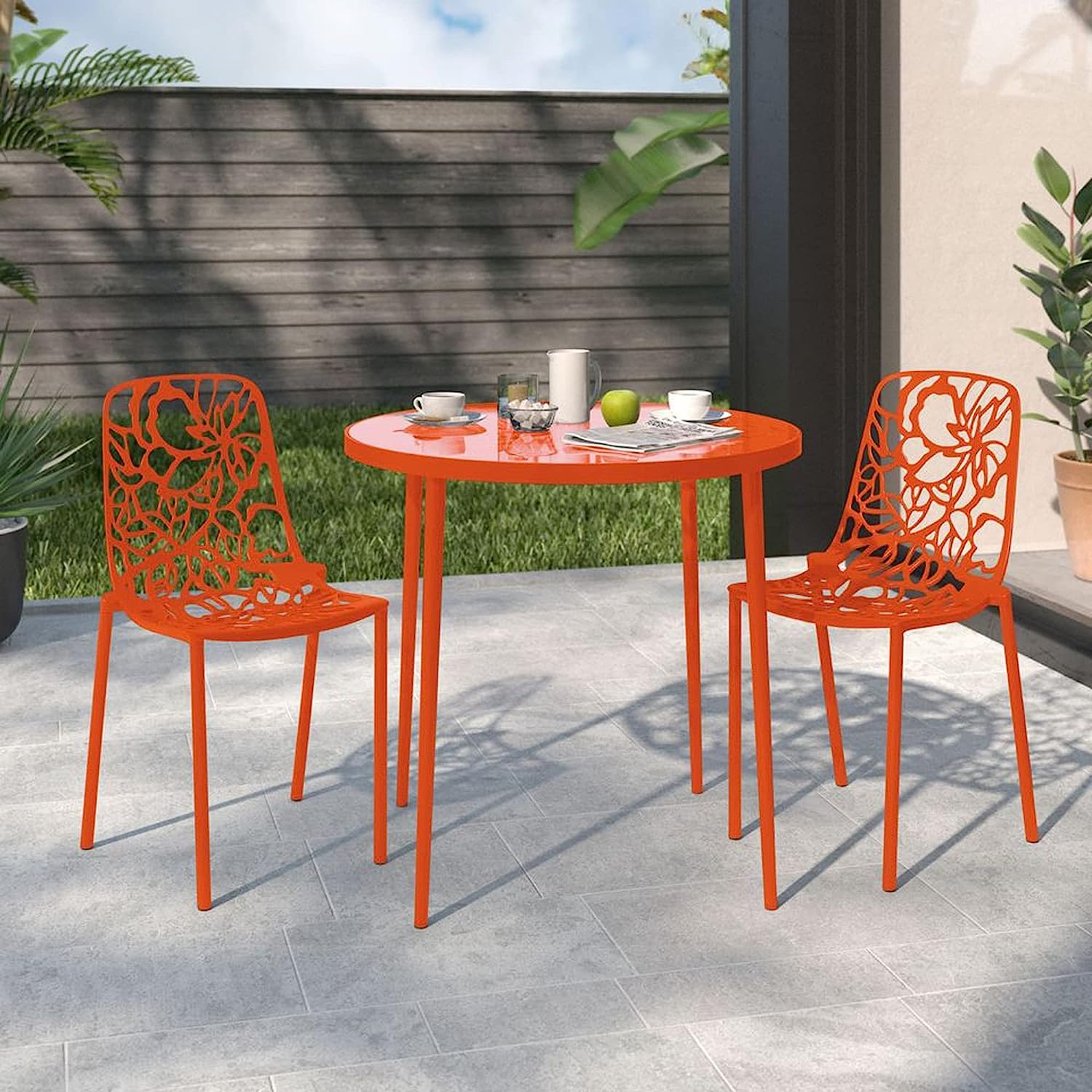 LeisureMod Devon Modern Aluminum Indoor-Outdoor Stackable Dining Chair Set of 2, Orange