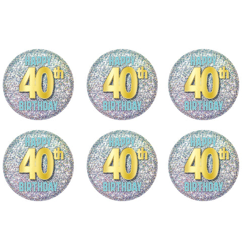 Beistle 6 Piece Prismatic Happy 40th Birthday Party Favors Pinback Buttons