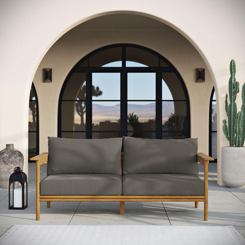 Modway Wren Teak Wood Outdoor Sofa in Natural Flint Gray