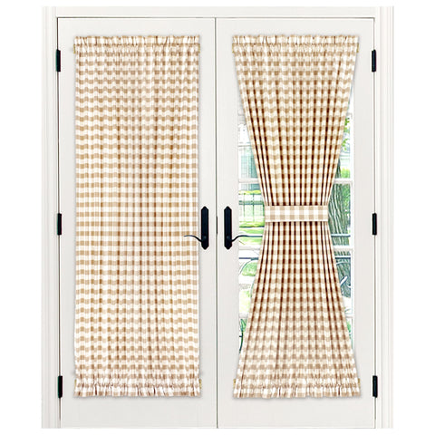 Light Filtering French Door Curtain Panel - 54" x 72"- Sidelight Window Coverings with Adjustable Tieback for Living Room, Patio & Front Doors - Machine Washable Drapes - Buffalo Check Taupe