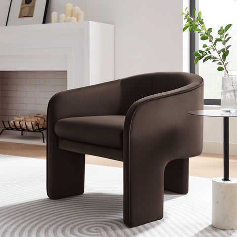 Modway Greer Comfy Barrel Accent Chair with 3 Legs in Chocolate Brown Performance Velvet – Soft Upholstered Reading Armchair – Mid Century Modern Upholstered Barrel Dining Chair with Curved Back
