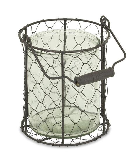 Cheung's 15S001BRXL Round Glass Jar in Brown Wire Basket, Brown