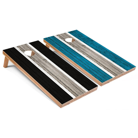 Skip's Garage Black and Turquoise Striped All-Weather Cornhole Boards - PVC - Include Hole + Edge Lights