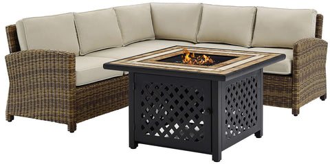Bradenton 4Pc Wicker Outdoor Sectional Set W/ Fire Table Weathered Brown/Sand - Right Corner Loveseat, Left Corner Loveseat, Corner Chair, & Tucson Fire Table