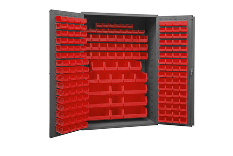 Durham 2502-186-1795 Lockable Bin Cabinet with 186 Red Hook-On Bins, Flush Door Style, 48" Wide, 16 Gauge, Gray