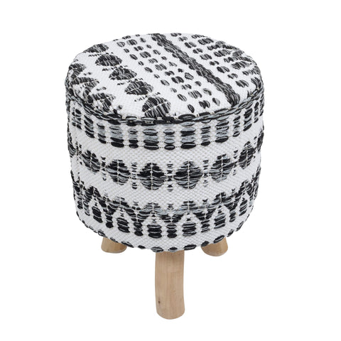 Pasargad Home Grandcanyon Premium Cotton Poufs, 3 Solid Wooden Legs, Hand Woven Top - Sitting, Foot Stool - Round Poufs for Living Room - Luxury Room Decor, 12" x 12" x 17"H, White/Black