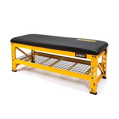 DEWALT Garage Bench with Wire Grid Storage Shelf, Rip-Resistant Foam-Padded Vinyl Seat, 1000-lb Capacity Bench Top, 1500-lb Capacity Shelf, Steel Frame