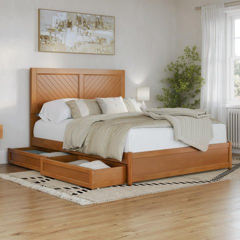 AFI, Clayton Queen Platform Bed with Panel Footboard & Storage Drawers, Light Toffee