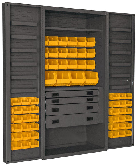 Heavy Duty Cabinet 14 Gauge 36 x 24 x 72 1 Fixed Shelf 1 Adjustable Shelf 58 Yellow Bins 4 Inch Deep Box Doors with Louvered Panel 4 Drawers 12 Door Shelves LockableChrome Handle with Keys Gray