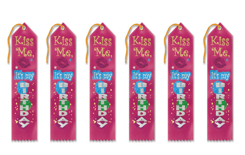Beistle 6-Pack Kiss Me, It's My Birthday Award Ribbon, 2-Inch by 8-Inch