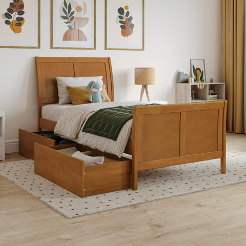 AFI, Portland Twin Platform Bed with Matching Footboard & Storage Drawers, Light Toffee